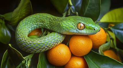 Green Snake Resting Amidst Ripe Oranges