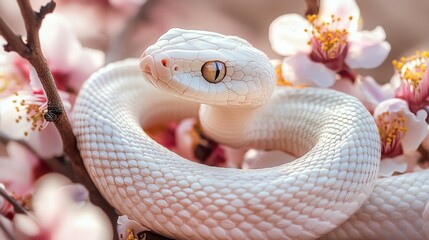 Fototapeta premium White Snake Coiled Amidst Delicate Pink Blossoms