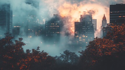 Obraz premium Misty Cityscape, Urban Fog, New York City Skyline, Atmospheric