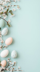 Obraz premium Colorful pastel eggs surrounded by delicate flowers bring a joyful and serene ambiance to the spring season