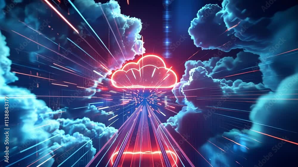 Poster light trails and binary code streams converge towards a glowing cloud symbol, representing the rapid