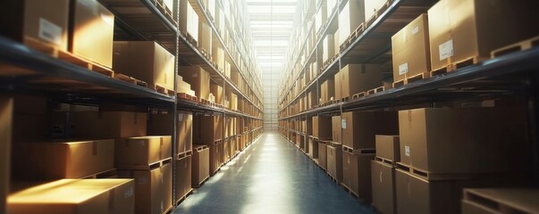 Wideangle view of warehouse aisles, systematic arrangement, seamless operation