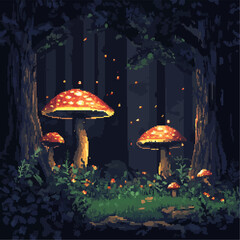 Fototapeta premium Illustrate pixel art enchanted forests with glowing mushrooms and mystical creatures, vector icon design, flat style.