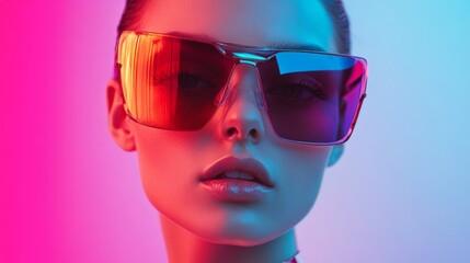 Close-up portrait of a woman in red futuristic glasses with glowing lighting