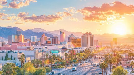 Obraz premium Vibrant sunset over a city skyline with palm trees and mountains.