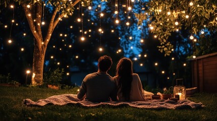 Couple sits on blanket under fairy lights at night.