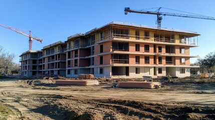 Residential building construction site with scaffolding and cranes