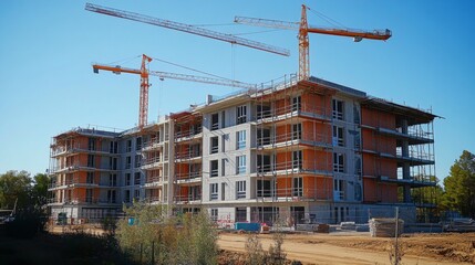 Modern construction site with residential buildings and cranes
