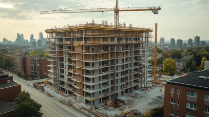 Construction site with unfinished building framework and cranes in the city
