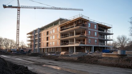 Construction site of a new building with cranes during sunset