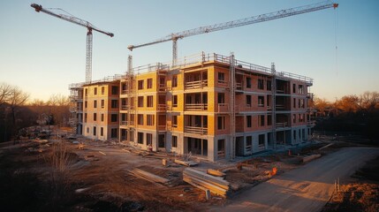 Modern building under construction with cranes at sunset
