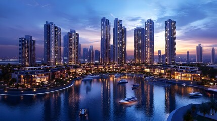  futuristic cityscape at night featuring illuminated skyscrapers, luxury waterfront views, yachts, and a vibrant skyline. A modern cityscape showcasing urban architecture, skyscrapers, and the vibrant