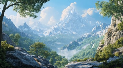 Obraz premium Snowy mountain vista with green trees, rocky cliffs, and blue sky.