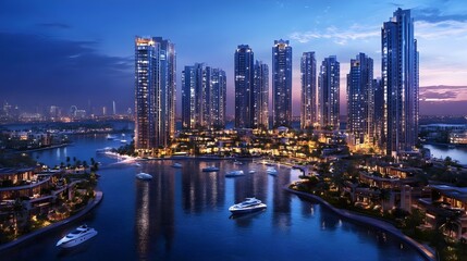 Naklejka premium futuristic cityscape at night featuring illuminated skyscrapers, luxury waterfront views, yachts, and a vibrant skyline. A modern cityscape showcasing urban architecture, skyscrapers, and the vibrant
