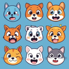vector sticker cartoon animal faces with exaggerated emotions like happy, sad, shocked, angry, and sleepy  " ai generator "
