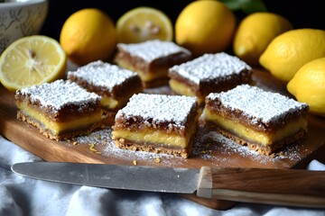 Delicious lemon bars dusted with powdered sugar on a wooden board, surrounded by fresh lemons.