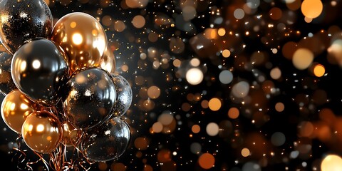 Golden and black balloons on dark glittered background, combination of flames and sparks