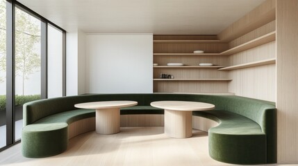 Modern curved green velvet banquette with wooden tables in minimalist room.