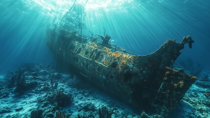 Sunken Shipwreck Underwater, Coral Reef, Marine Life, Ocean Exploration