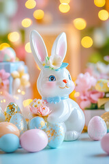 A charming bunny figurine surrounded by soft pastel eggs and delicate flowers evokes a joyful spring celebration