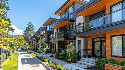 Obraz premium Modern residential buildings with balconies and landscaped surroundings on a sunny day.