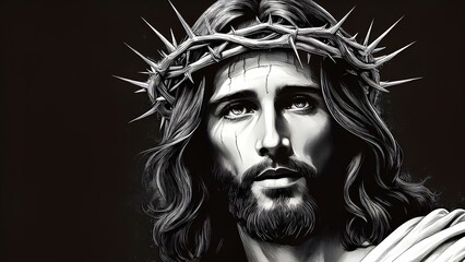 Portrait of Jesus Christ in black and white illustration. Jesus Christ in the crown of thorns.
