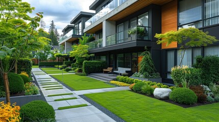 Modern residential building with landscaped gardens and walkways.