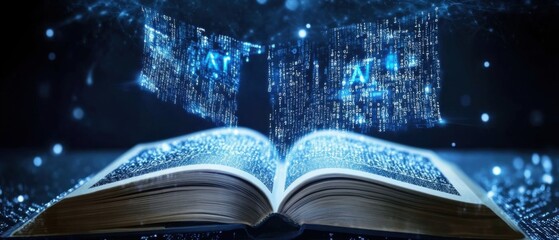 Futuristic Open Book with AI Data Streams Emerging, Digital Transformation Concept
