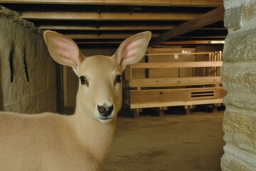 Obraz premium A curious young deer is depicted within a rustic barn, featuring wooden beams and earthy textures, capturing the innocence and simplicity of rural life.