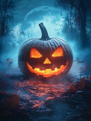 Glowing Jack-o'-Lantern Illuminates Spooky Forest on a Mysterious Halloween Night