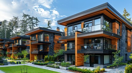 Fototapeta premium Modern residential buildings with wooden accents and landscaped surroundings.