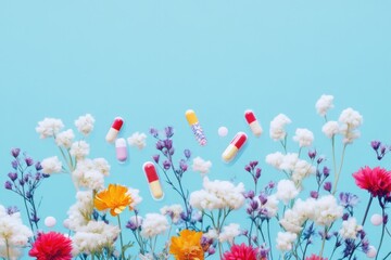 Brightly colored capsules float amidst a field of vibrant wildflowers on a blue background, creating a sense of whimsy and balance between nature and medication.