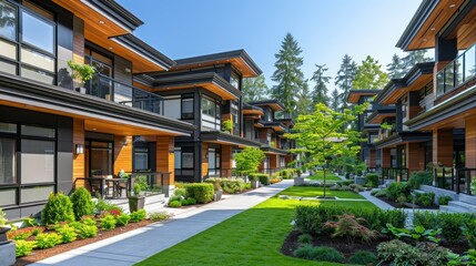 Fototapeta premium Modern residential complex with landscaped gardens and walkways.