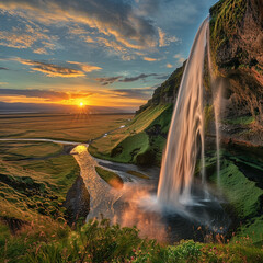 Seljalandfoss waterfall at sunset in HDR, Iceland