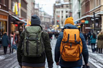 Two travelers with backpacks walk down a snow-dusted city street, surrounded by bustling shops and people, experiencing the vibrancy of urban winter life together.