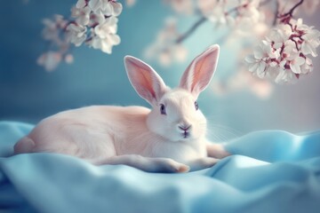 Obraz premium A serene white rabbit lies on soft blue silk, surrounded by delicate cherry blossoms, creating a tranquil and dreamlike springtime scene.