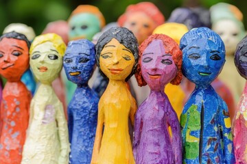 Naklejka premium Handcrafted wooden figures painted in a spectrum of bright colors stand together outdoors, showcasing a blend of artistry and playfulness in a vivid, lively design.