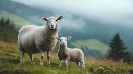 Obraz premium Mother sheep and lamb in a misty mountain pasture. Concept of nature, wildlife, and family.