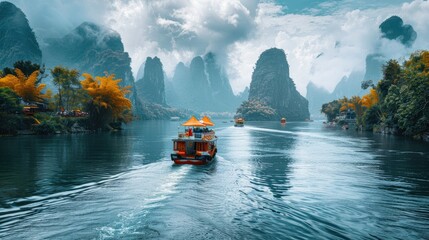 Fototapeta premium Scenic river landscape with boats amidst towering mountains and lush vegetation.