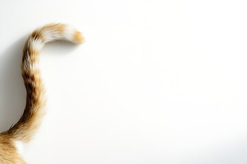 Orange tabby cat's tail on white background with ample copy space