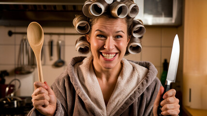 Woman in Robe Holds Wooden Spoon and Knife