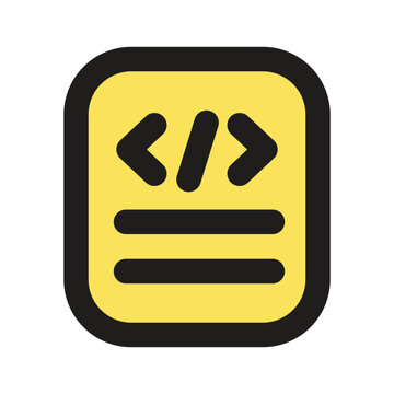 A pixel art icon depicting a yellow document containing code representing a programming file.