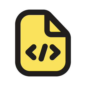 The image depicts a pixel art representation of a code document icon in yellow.
