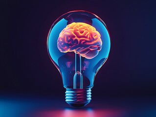 Light bulb illustration with a glowing brain inside of it and dark background, idea and thoughts concept reflection on the glass