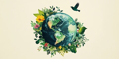 Environmental illustration of planet earth with continents and oceans with cream background 