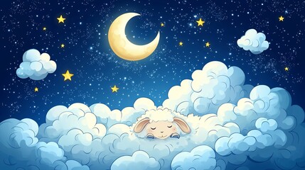 Sleeping lamb on clouds under crescent moon and stars.