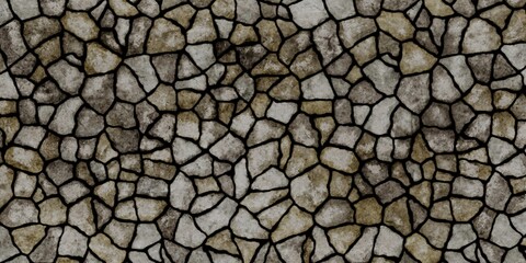 Abstract background with pattern of irregularly shaped stones arranged in a mosaic-like fashion. The stones are of various sizes and shades of gray and brown, with dark lines separating each stone