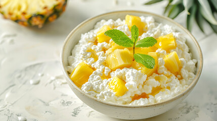 Bowl of cottage cheese topped with fresh pineapple and mint leaves