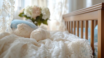 Traditional nursery with a vintage wooden crib soft pastel colors and lace curtains captured in a closeup shot