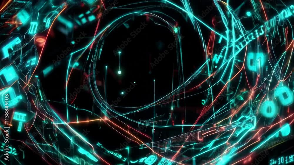 Poster Rotating digital vortex surrounded by streams of binary code creates a captivating visual. The animation showcases a blend of technology and abstract design in a vibrant color palette